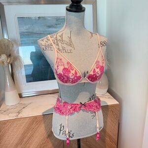 Rose Pink and Natural Floral Lace Bra Set with Garter, Thong and stockings